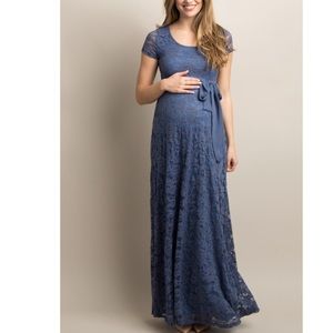 Blue Lace Sash Tie Maternity Dress